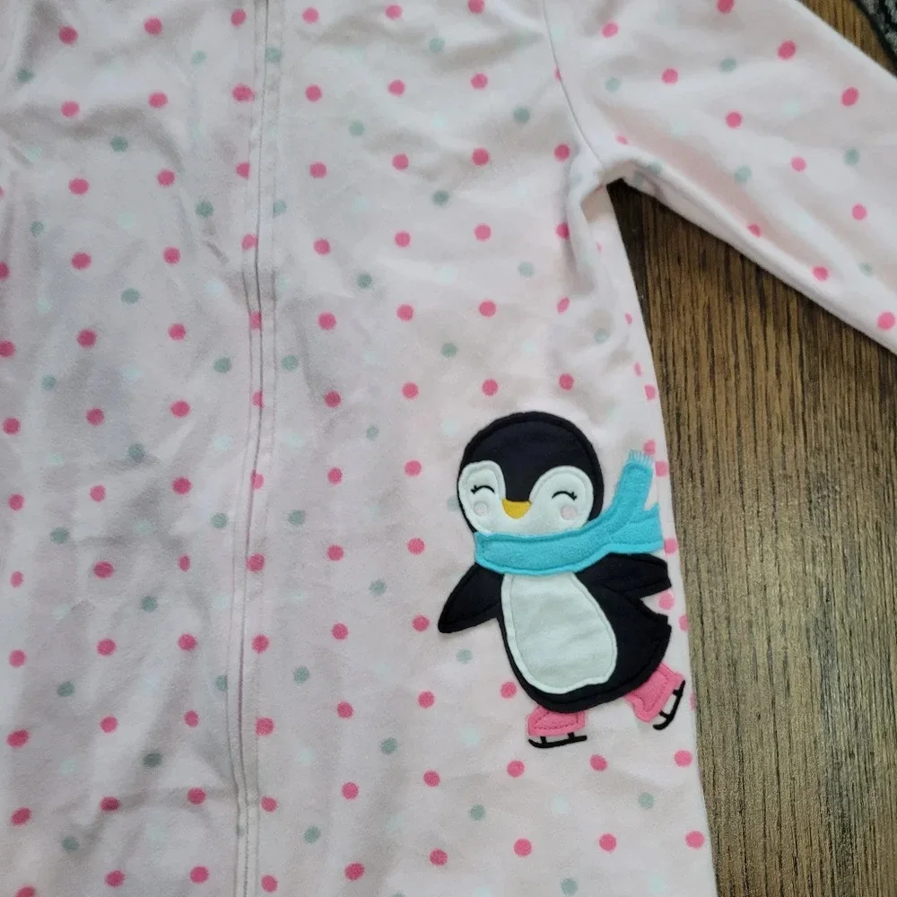 Carter's Pink Polka Dot Penguin Footed Fleece Zip-Up Pajamas Size Girls 4